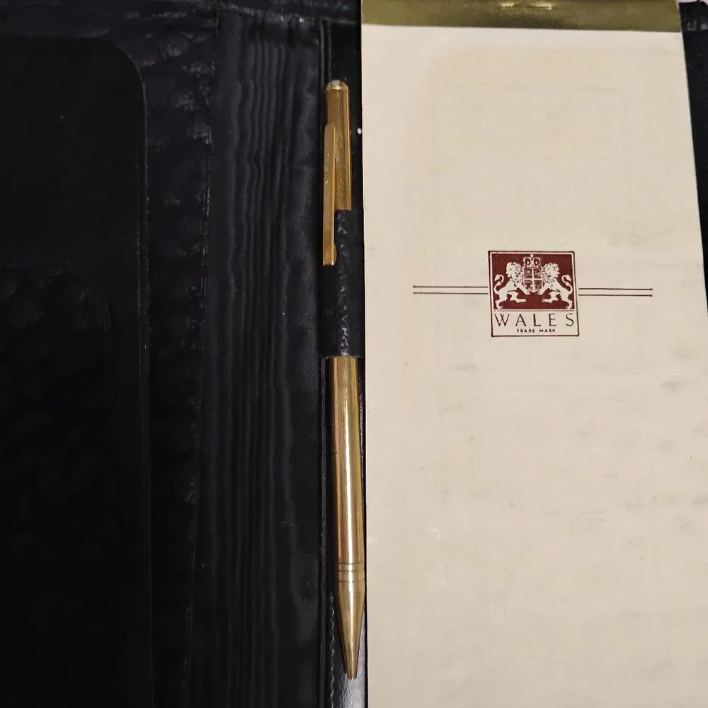 ❤️WALES Black Rhino Cowhide Leather Clutch Note and Passport Wallet +Gold Pencil